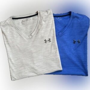 2 Under Armour Men’s V-Neck Performance Tees - Heather Gray & Royal Blue